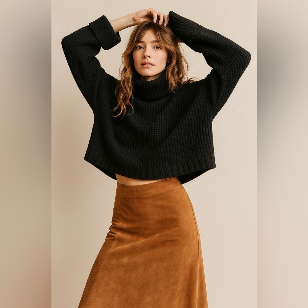 SHEIN Black Cable Knit Bell Sleeve Cropped Turtleneck Sweater